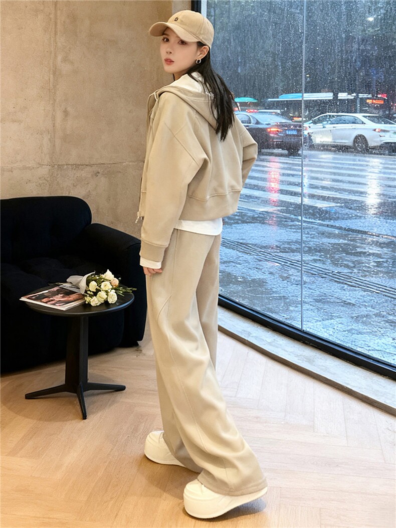高级感时尚休闲套装女春季纯色连帽卫衣内搭白色背心阔腿裤三件套,女装套装/套裙,江南