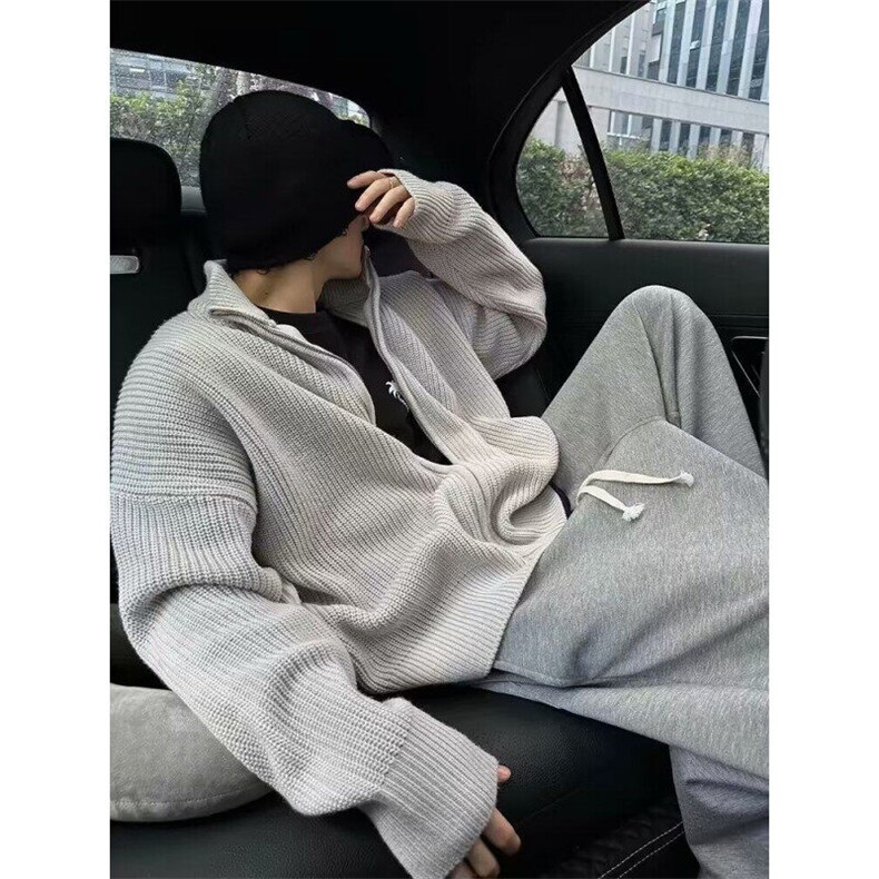 潮慵懒立领拉链针织毛衣男毛线开衫外套新款春秋青少年套头长袖图片