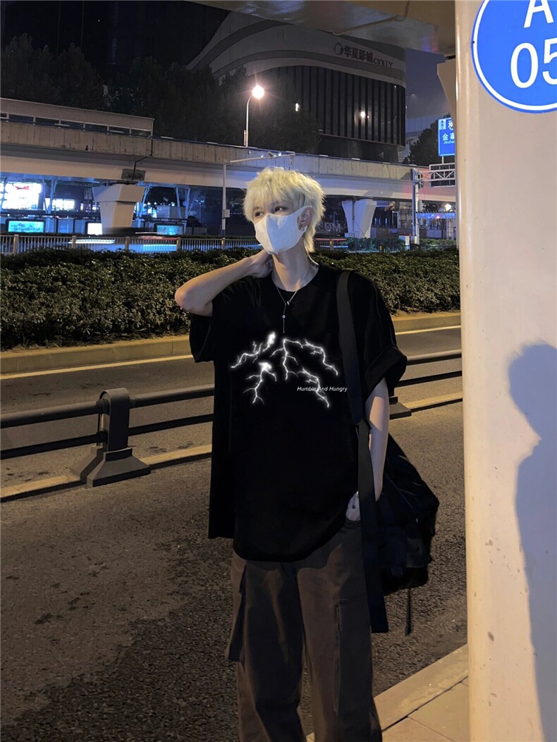 美式高街闪电印花简约百搭2重磅圆领短袖T恤潮牌潮流,男装T恤,星座310A-4