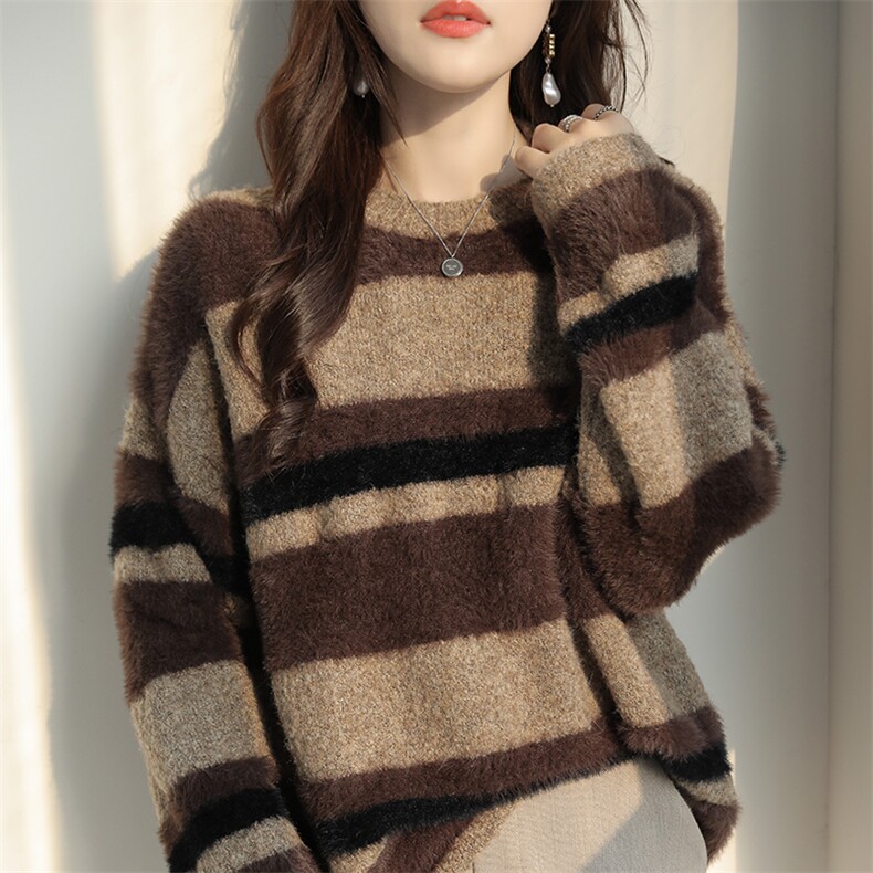 秋冬圈纱拼色100%纯羊毛衫女圆领套头毛衣宽松加厚羊绒衫针织打底,针织衫/毛衣,特麦惠羊绒