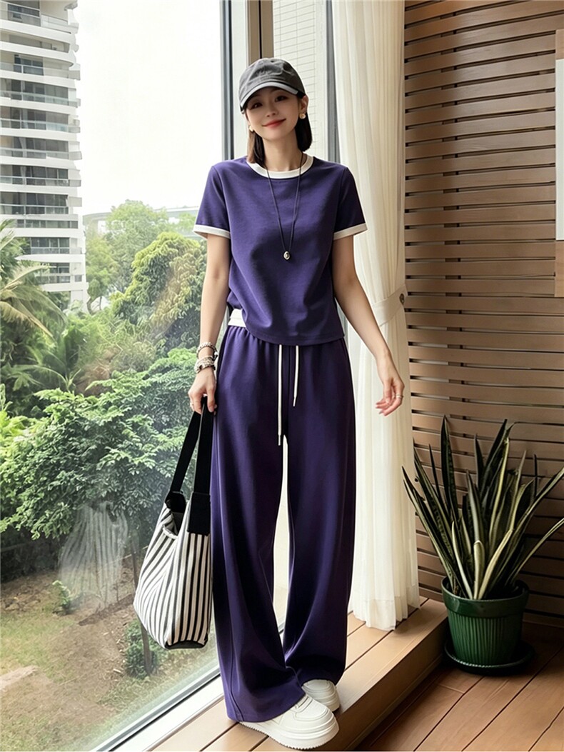 女夏季新款时尚运动套装宽松显瘦圆领拼接短袖上衣阔腿长裤两件套,女装套装/套裙,江南
