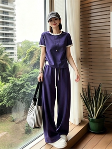 女夏季新款时尚运动套装宽松显瘦圆领拼接短袖上衣阔腿长裤两件套图片