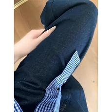 蝴蝶结系带拼接格子牛仔裤ZK0338-P50，男装牛仔裤，星座313A(原308A-2)