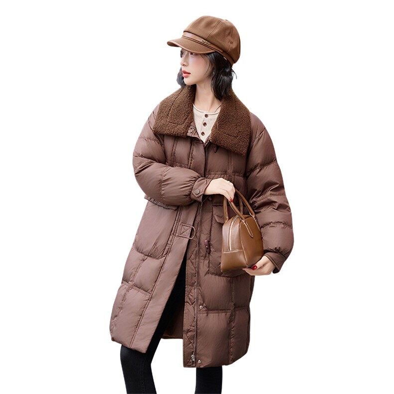 2025冬季羊羔毛拼接领子时尚中长款羽绒外套女,女装羽绒服,E百度