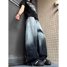 街头个性泼墨渐变弯刀牛仔裤高街无性别宽松阔腿拖地裤N122-P58，男装牛仔裤，星座1001-1