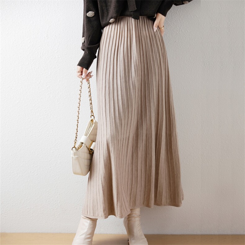 优雅显瘦高腰针织半身裙女士时尚百褶长裙百搭气质款，女装半身裙，东远绒业
