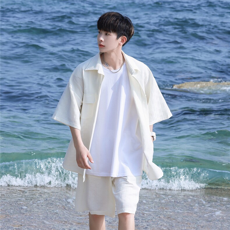 2025夏季新款简洁清爽休闲男纯白口袋衬衫短袖套装TZ48/P88控118，男装衬衫，电商A148