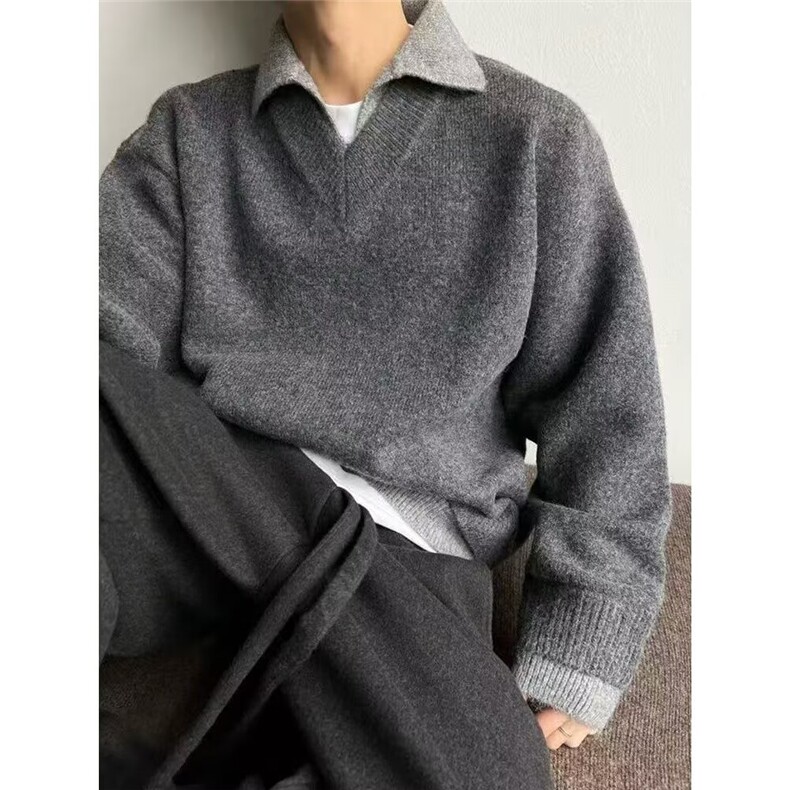 现货JY145-P61慵懒灰色假两件V领撞色针织毛衣男网图,男装针织衫/毛衣,星座1501-3