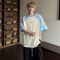 抖音得物品质二开240克宽松纯棉美式潮牌插肩三杠织带短袖T恤，男装T恤，电商A486-1