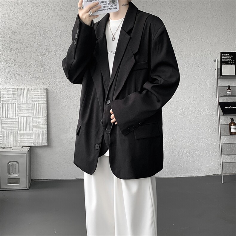 潮流休闲西装外套高级痞帅宽松韩版自带垫肩双层假两件西装P95图片