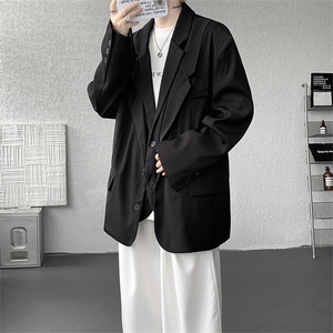 潮流休闲西装外套高级痞帅宽松韩版自带垫肩双层假两件西装P95图片