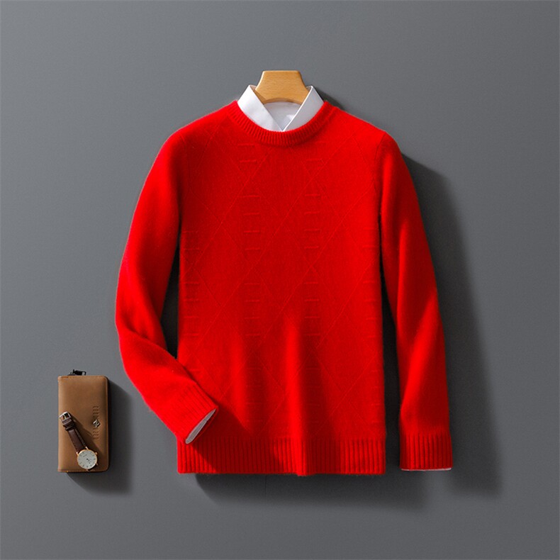 100%纯羊毛衫圆领男菱形提花套头加厚毛衣宽松休闲羊绒针织打底衫，男装羊毛衫，宇灿羊绒