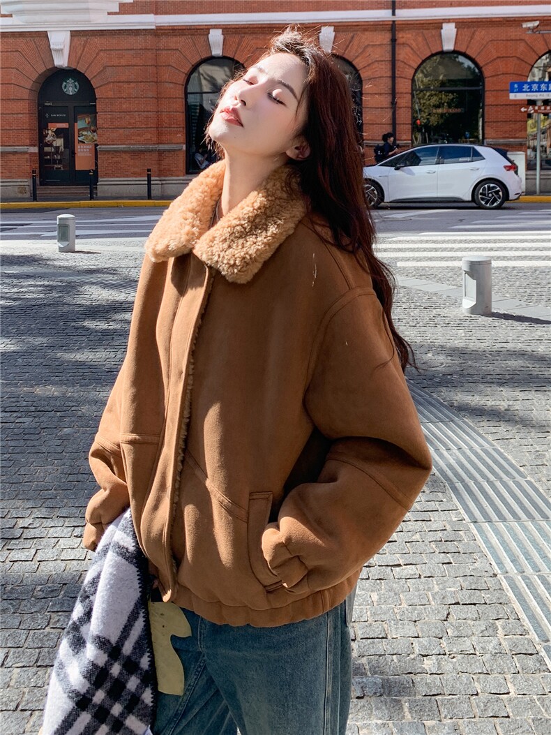 橘色皮毛一体羊羔毛绒外套女冬季2025新款韩系宽松加厚麂皮绒大衣,女装棉衣/棉服,欣美人