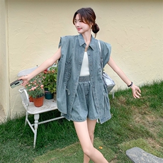 酷飒拽姐牛仔套装裤女夏薄2025新款松弛感穿搭马甲短裤炸街两件套，女装套装/套裙，2C176
