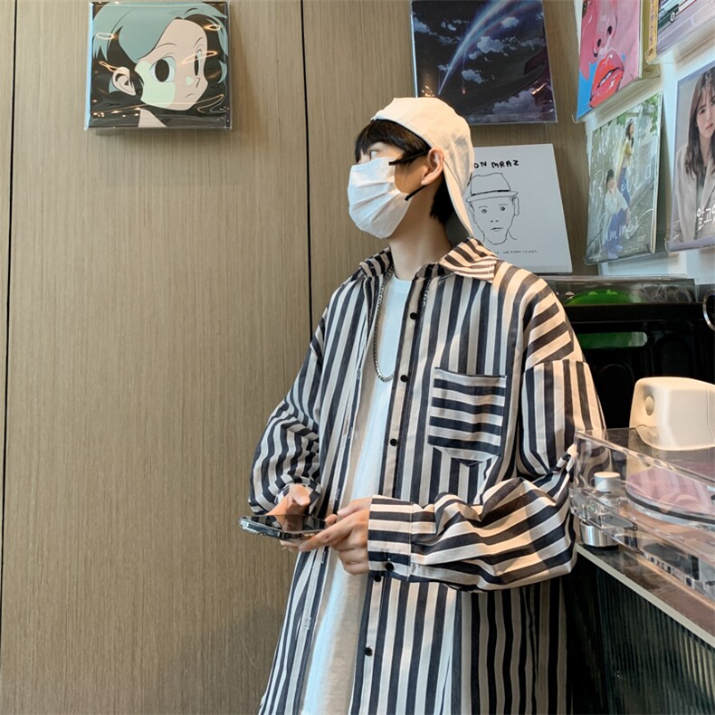 条纹衬衫男2024春夏季新款港风潮牌长袖衬衣帅气潮流宽松休闲外套,男装衬衫,星座410-7