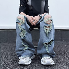 美式复古破洞毛边牛仔裤男潮牌直筒阔腿宽松设计感潮小众休闲长裤，男装牛仔裤，星座410-7