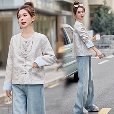 小香风新中式国风提花外套女2025春秋新款小个子宽松唐装气质上衣，女装短外套，悠米