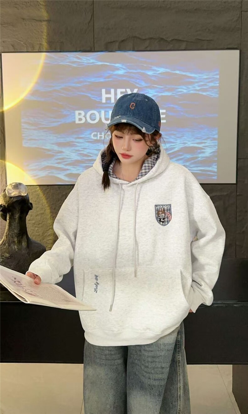2025年秋季长袖单件拼色格子连帽卫衣,女装卫衣/绒衫,湘姗