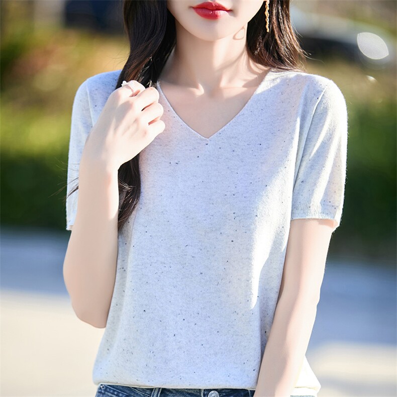 25春夏薄款精纺羊毛针织短袖女V领点子纱上衣宽松薄款半袖T恤打底图片