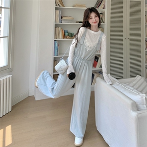 甜美浅蓝色蕾丝拼接背带裤套装女夏2025新款韩系休闲高级感三件套图片