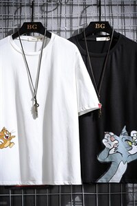 2021夏季新网格挂拍日系大码男猫和老鼠印花短袖T恤T1058-P25图片