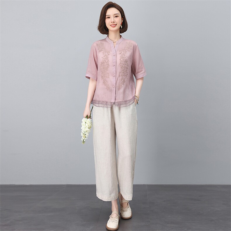 新中式2025夏季新款纯苎麻阔腿裤套装休闲两件套,女装套装/套裙,忆绮罗