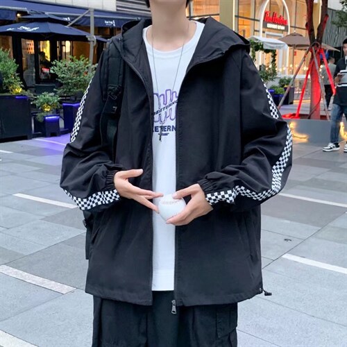 棋盘格拼接夹克男士春季潮流宽松个性连帽夹克W015P38图片