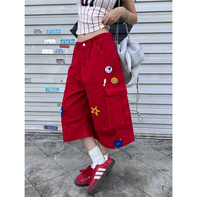 77lin美式植绒刺绣工装牛仔七分裤男女2025夏季宽松休闲阔腿短裤,男装牛仔裤,星座1210-1
