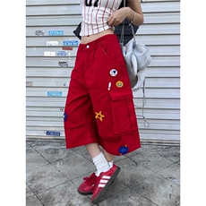 77lin美式植绒刺绣工装牛仔七分裤男女2025夏季宽松休闲阔腿短裤，男装牛仔裤，星座1210-1