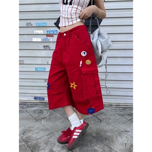 77lin 美式植绒刺绣工装牛仔七分裤男女2025夏季宽松休闲阔腿短裤图片