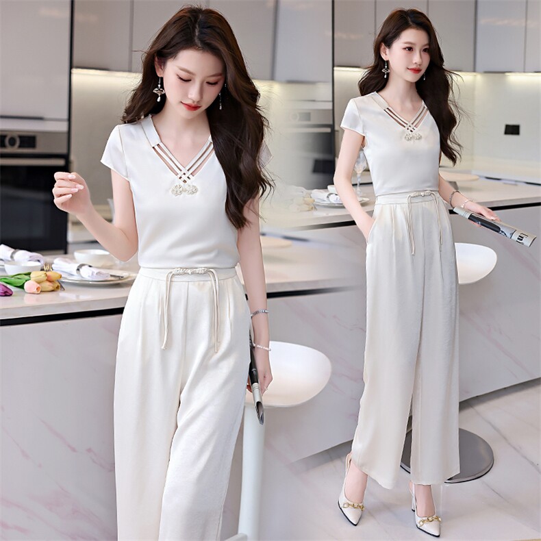BAO2024年现货夏季时尚潮流V领盘扣衬衣时尚盘扣宽松阔腿裤两件套，女装套装/套裙，时尚俏佳人
