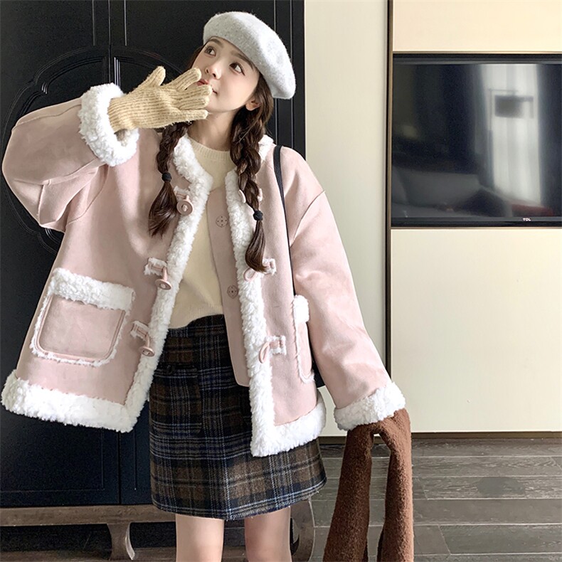 粉色皮毛一体羊羔毛短外套女2024秋冬新款小个子立领加厚保暖棉服，女装短外套，浙宝295A