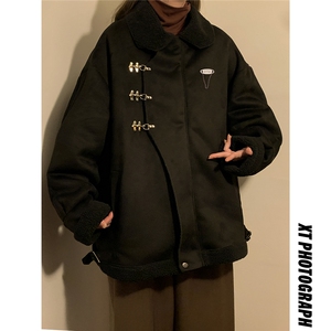 1翻领麂皮绒羊羔毛金属飞机扣大码M-5XL棉衣男YG77108P135控178图片