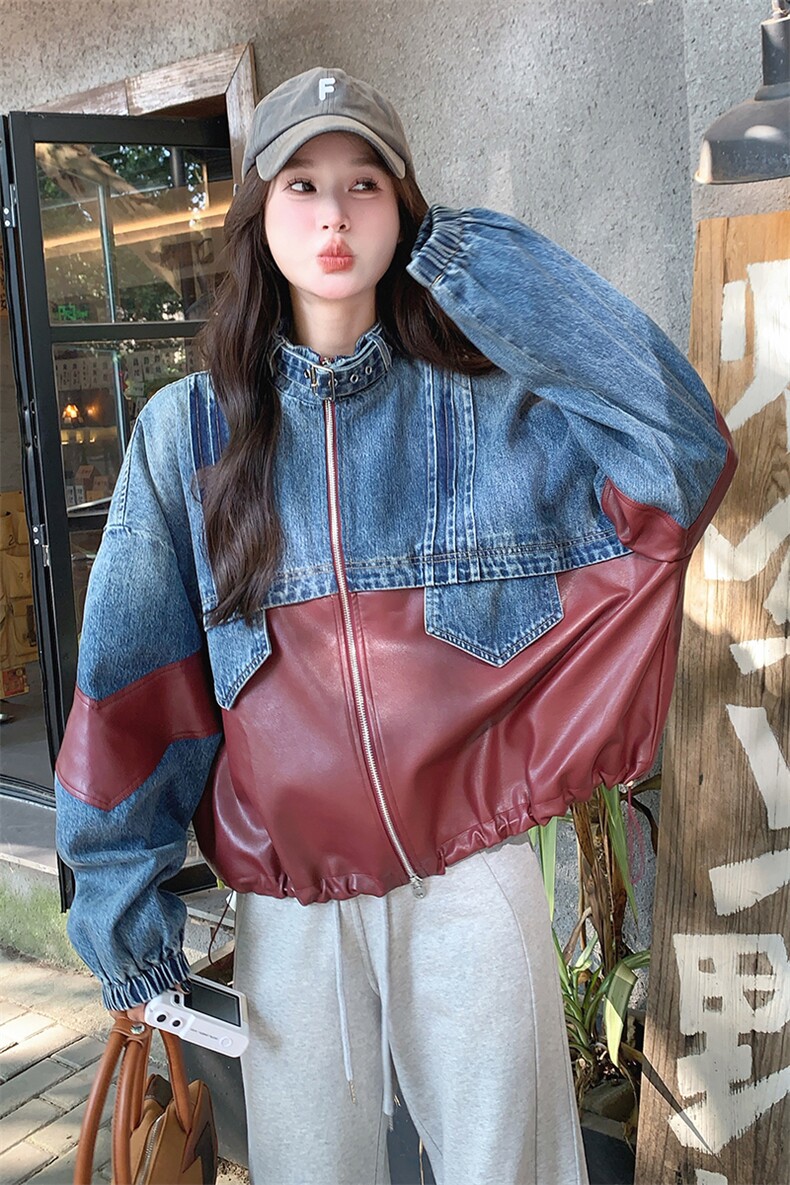 现货秋季新款牛仔拼接皮衣夹克外套2C119-9619-P165-K228,女装短外套,2C119