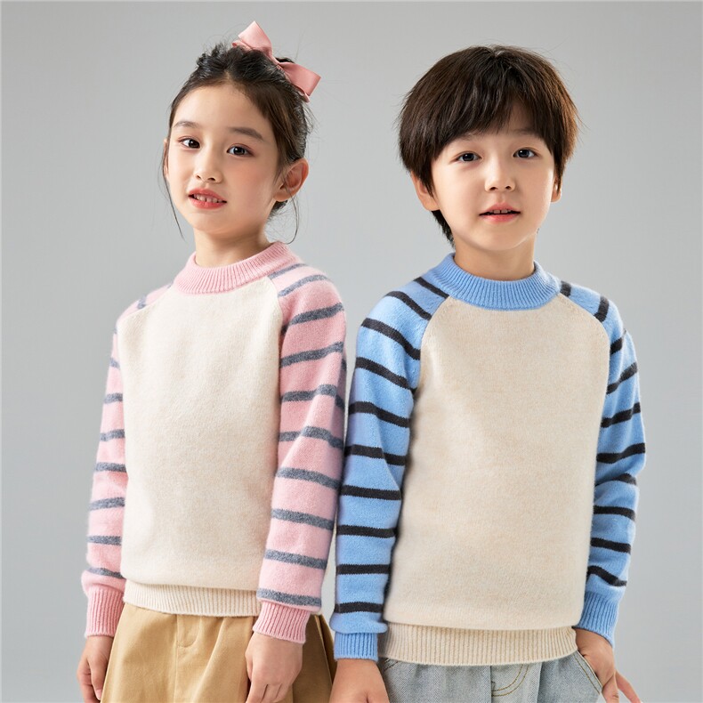 新款秋冬儿童羊毛撞色条纹男女童宝宝打底衫毛衣羊绒套头针织上衣，童装儿童羊毛衫，初丹羊绒童装