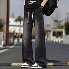 美式复古拼接牛仔裤男秋季潮牌vibe宽松阔腿裤休闲裤痞帅直筒裤子，男装牛仔裤，星座218-8