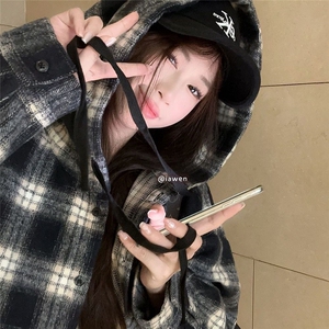 C144-P36 港味格子连帽衬衫外套男女秋季2025年新宽松慵懒风图片