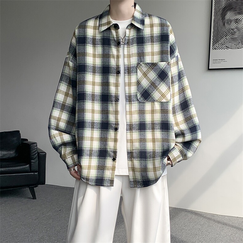 衬衫男春季新款港风宽松大码磨毛格子长袖衬衣CS6639-P35,男装衬衫,星座214-3