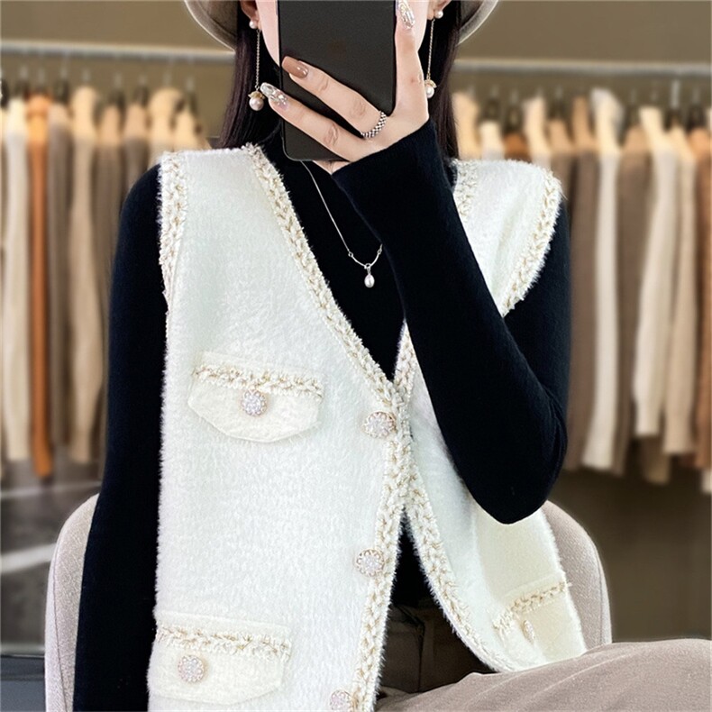 时尚女装水貂绒马甲外套优雅显瘦无袖背心冬季保暖百搭单品,女装马甲,暖姿羊绒