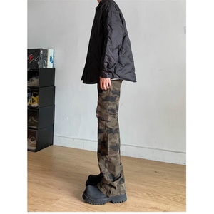 W9384-P68 网图现货 美式vibe复古窄版微喇迷彩工装裤休闲马蹄裤图片