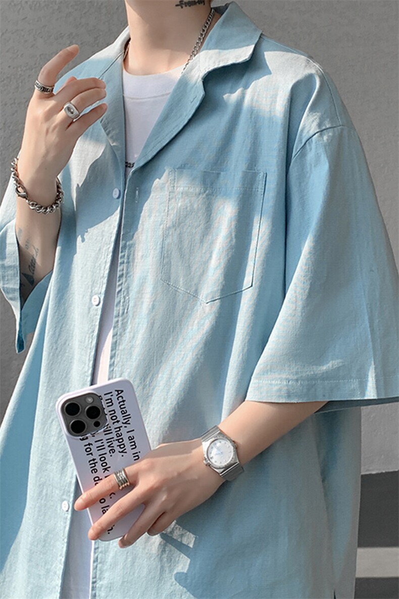 8XL-M亚麻短袖衬衫男夏薄款宽松休闲百搭大码半袖衬衣DC28002P50,男装衬衫,电商B312