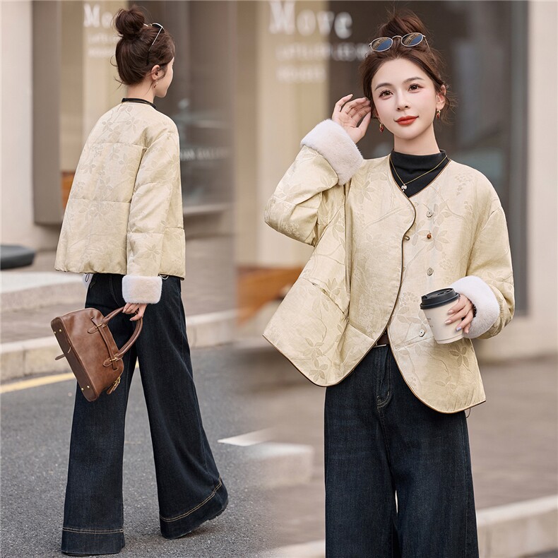 羽绒服女提花短外套2025冬季新款新中式白鸭绒上衣，女装羽绒服，仟媚宠
