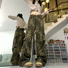 现货豹纹牛仔裤男女同款新款美式高街设计感小众宽松直筒休闲，男装牛仔裤，星座218-1（原230）