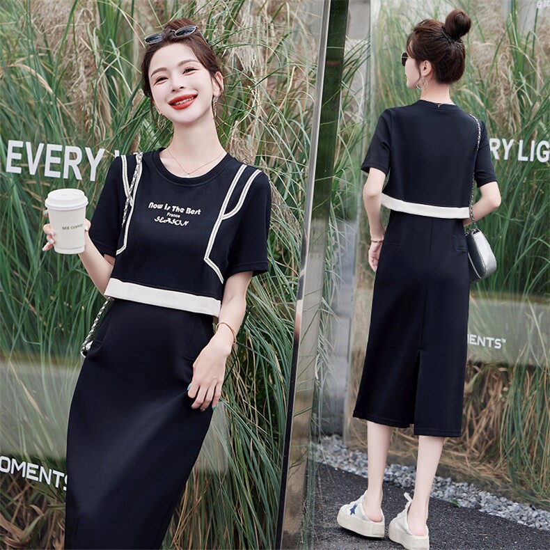 现货A字裙2026年短袖中裙H型套头中腰圆领通勤中裙优雅连衣裙，女装连衣裙，兰菲阁