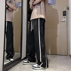 侧边条纹高级设计感开叉直筒裤欧美hiphop裤子高街ins潮男运动裤，男装休闲裤，四季星座218-1