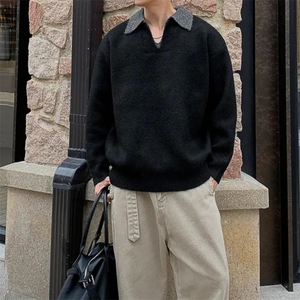 重磅北极绒假两件衬衫领毛衣美式高街复古休闲慵懒纯色翻领针织衫图片