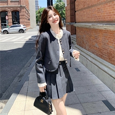 灰色时尚小香风套装女2025春秋新款洋气减龄短外套百褶短裙两件套，女装套装/套裙，2B237