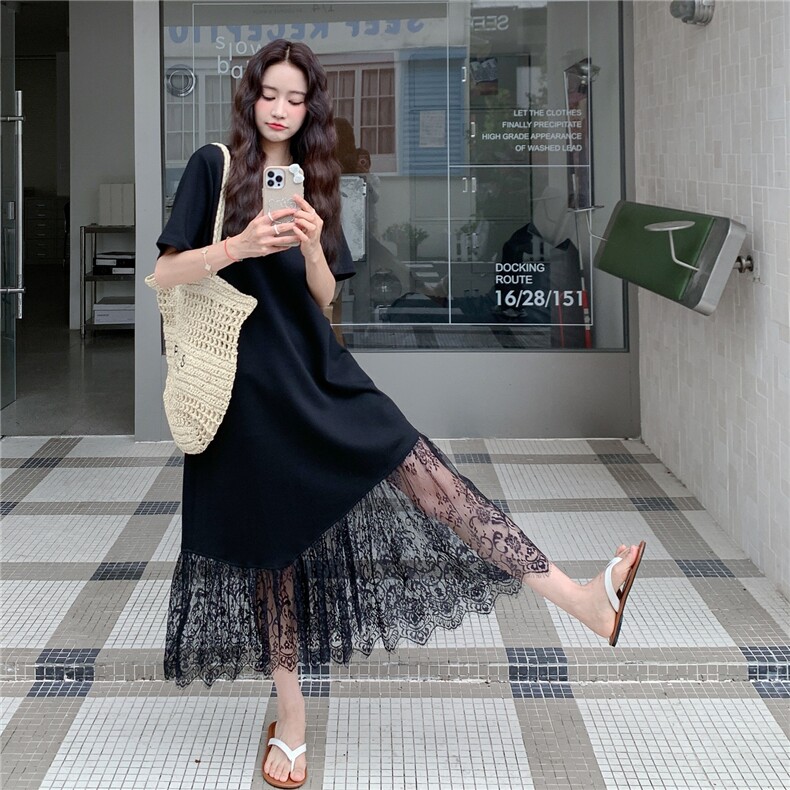 2025夏季日系新款宽松显瘦蕾丝拼接T恤裙女高级感绝美爆款连衣裙,女装连衣裙,2C206