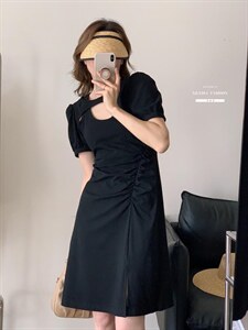 香丽迪2022年夏季新款拼接连衣裙女针织短袖圆领修身高腰图片