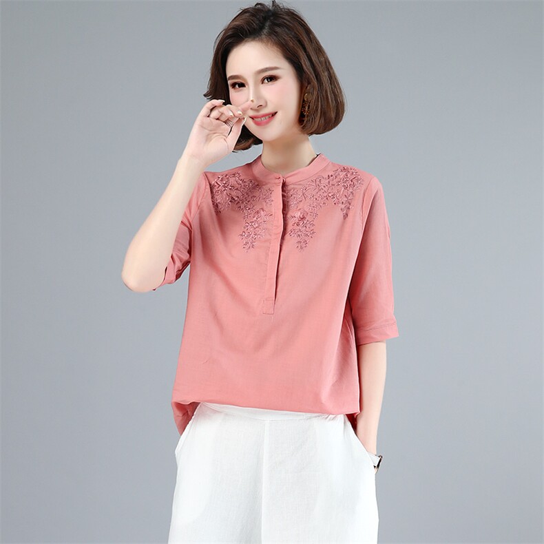 T恤2022年夏季短袖中长款宽松绣花圆领，女装T恤，木子恋